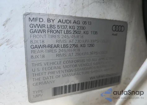 2013 Audi A4 Allroad Premium Plus from USA, damaged, VIN WA1UFAFL0DA253451